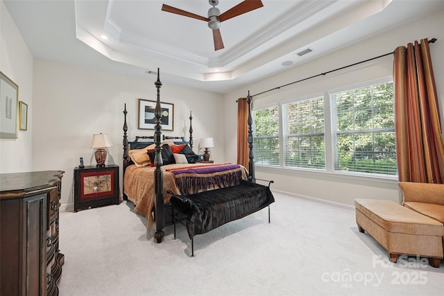 16833 Rudence Ct, Charlotte, NC 28278 - bedroom featuring light carpet, a raised ceiling, ornamental molding, recessed lighting, and ceiling fan