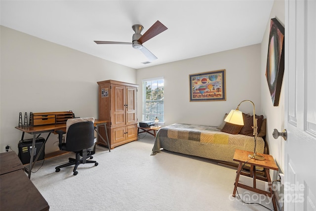 16833 Rudence Ct, Charlotte, NC 28278 - bedroom with light colored carpet, ceiling fan, and an office area