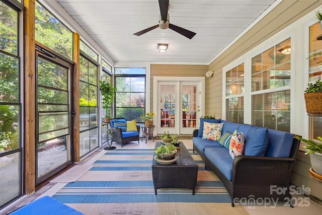 16833 Rudence Ct, Charlotte, NC 28278 - sunroom featuring a ceiling fan, french doors, and an outdoor hangout area