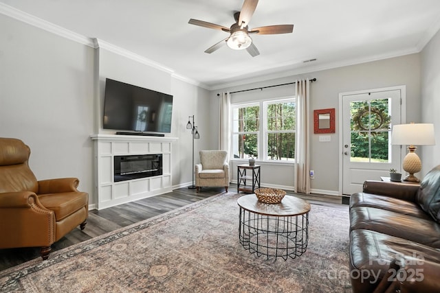 280 Mills Creek Rd, Iron Station, NC 28080 - living room featuring wood finished floors, ceiling fan, a glass covered fireplace, and ornamental molding