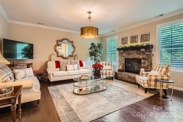 2599 Treeline Dr, Concord, NC 28027 - living room with ornamental molding, wood-type flooring, and a fireplace