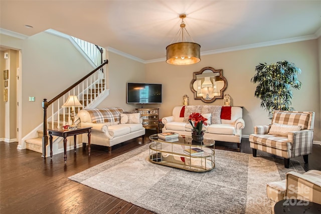 2599 Treeline Dr, Concord, NC 28027 - living room with stairway, ornamental molding, and wood finished floors