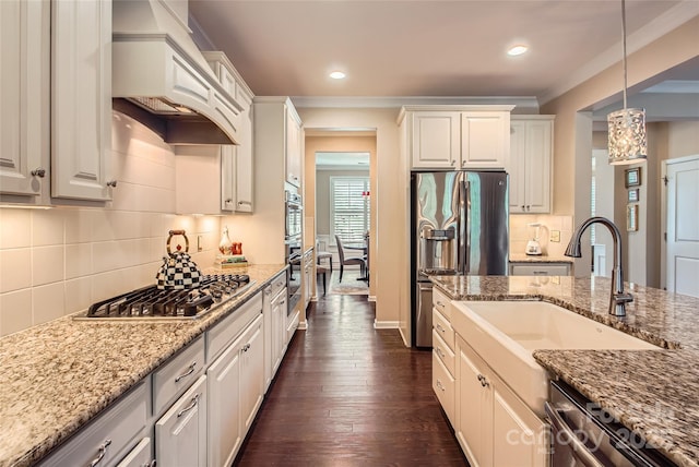 2599 Treeline Dr, Concord, NC 28027 - kitchen featuring custom exhaust hood, appliances with stainless steel finishes, light stone countertops, backsplash, and dark wood-style flooring
