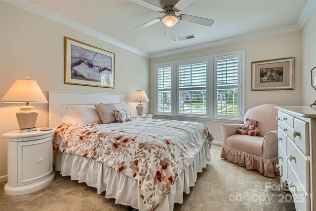 2599 Treeline Dr, Concord, NC 28027 - bedroom featuring light colored carpet, crown molding, and a ceiling fan