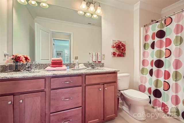 2599 Treeline Dr, Concord, NC 28027 - full bathroom with double vanity, ornamental molding, and a shower with curtain