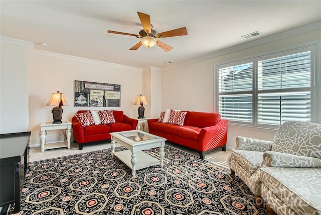 2599 Treeline Dr, Concord, NC 28027 - carpeted living area with crown molding and a ceiling fan
