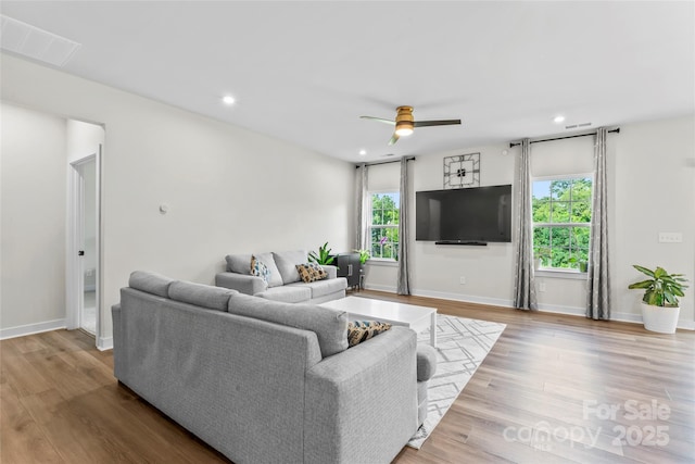 1013 Augustus Beamon Dr, Indian Trail, NC 28079 - living room featuring a ceiling fan, wood finished floors, and recessed lighting