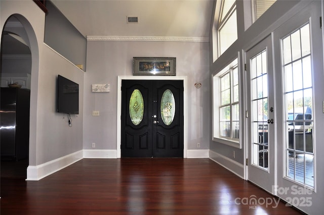 3645 Lake Bluff Dr, Sherrills Ford, NC 28763 - foyer featuring french doors, wood finished floors, arched walkways, and crown molding