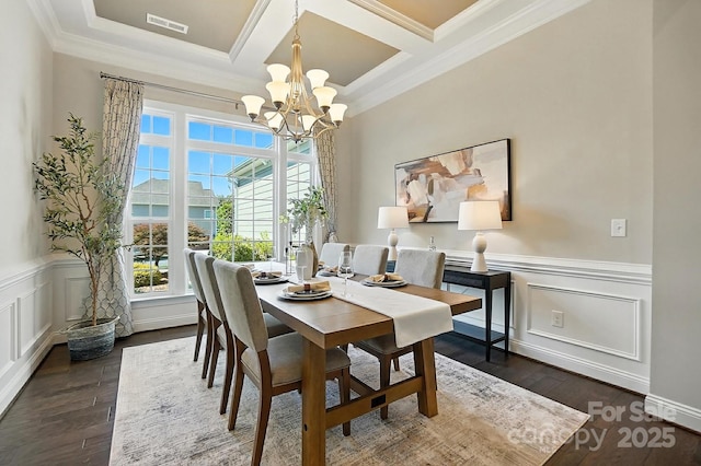 551 Brightleaf Pl NW, Concord, NC 28027 - dining space featuring a chandelier, dark wood finished floors, a wainscoted wall, ornamental molding, and coffered ceiling