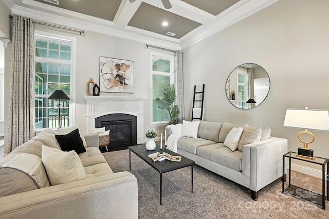 551 Brightleaf Pl NW, Concord, NC 28027 - living room featuring ornamental molding, beam ceiling, a glass covered fireplace, ceiling fan, and coffered ceiling
