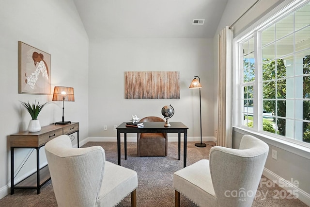 551 Brightleaf Pl NW, Concord, NC 28027 - home office with vaulted ceiling and carpet flooring