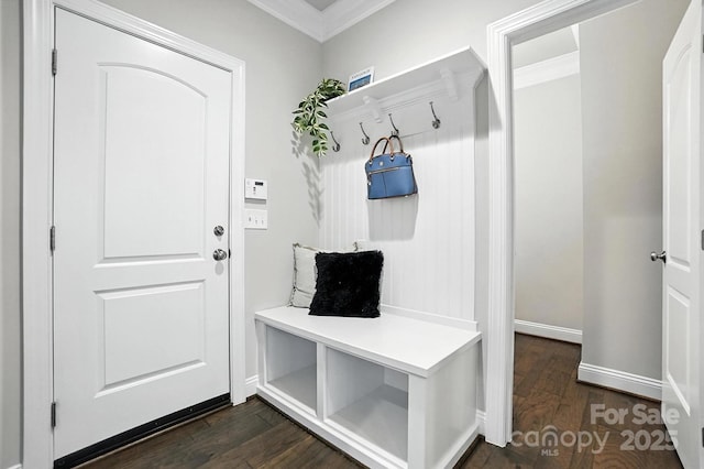 551 Brightleaf Pl NW, Concord, NC 28027 - mudroom featuring dark wood-style flooring and crown molding