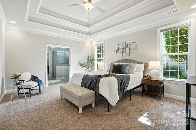 551 Brightleaf Pl NW, Concord, NC 28027 - bedroom with crown molding, a raised ceiling, carpet, and ensuite bath