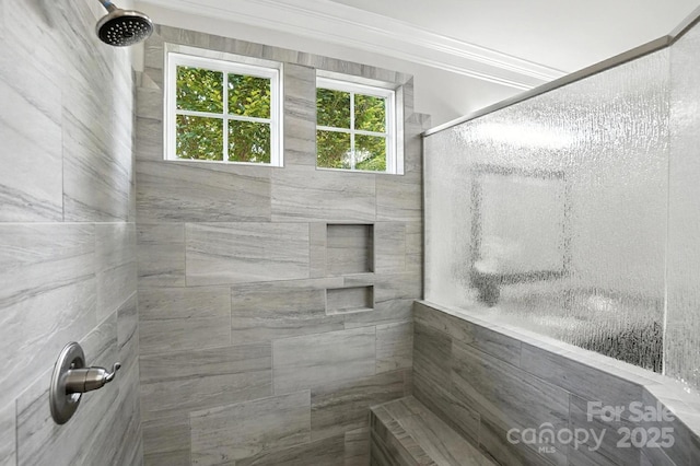 551 Brightleaf Pl NW, Concord, NC 28027 - full bathroom featuring tiled shower and crown molding