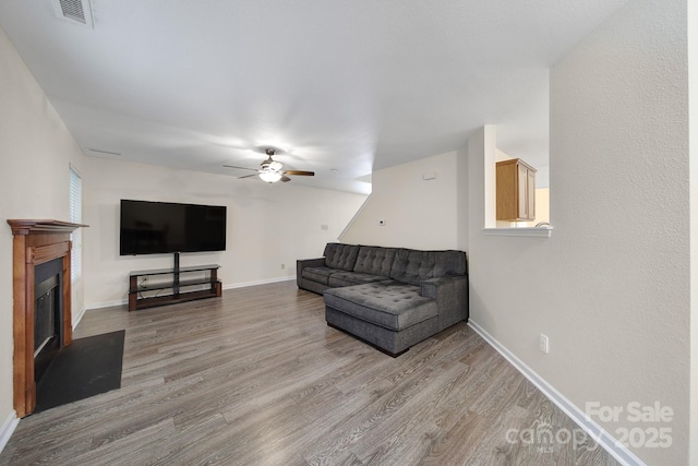 374 Morning Dew Dr, Concord, NC 28025 - living area with a ceiling fan, wood finished floors, and a glass covered fireplace