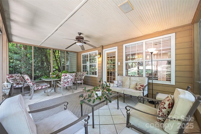 7029 Scuppernong Ct, Charlotte, NC 28215 - sunroom / solarium with an outdoor hangout area, a ceiling fan, and plenty of natural light