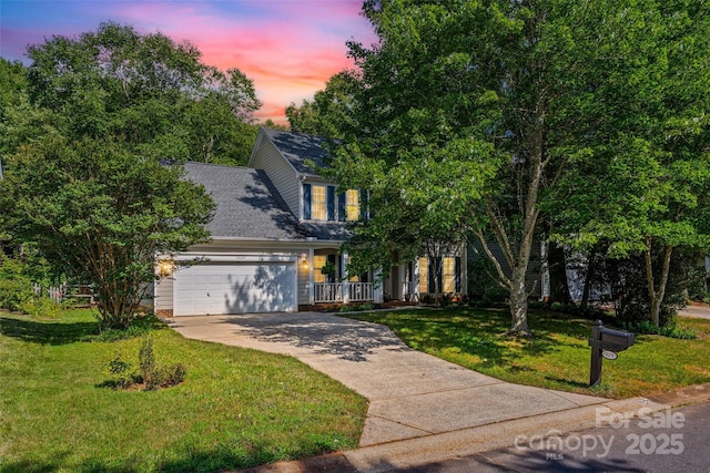 7029 Scuppernong Ct, Charlotte, NC 28215 - view of front of house featuring driveway, a garage, a yard, a porch, and roof with shingles