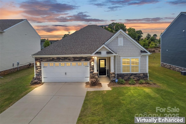 3505 Sycamore Crossing Ct, Mount Holly, NC 28120 - view of front of property with stone siding, a front lawn, driveway, and an attached garage