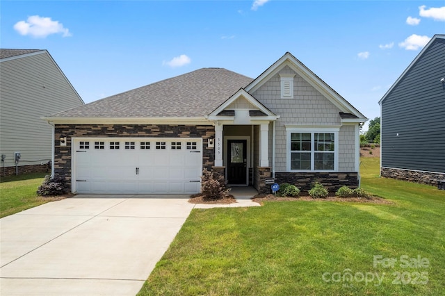 3505 Sycamore Crossing Ct, Mount Holly, NC 28120 - craftsman-style home featuring stone siding, driveway, a garage, a front lawn, and roof with shingles