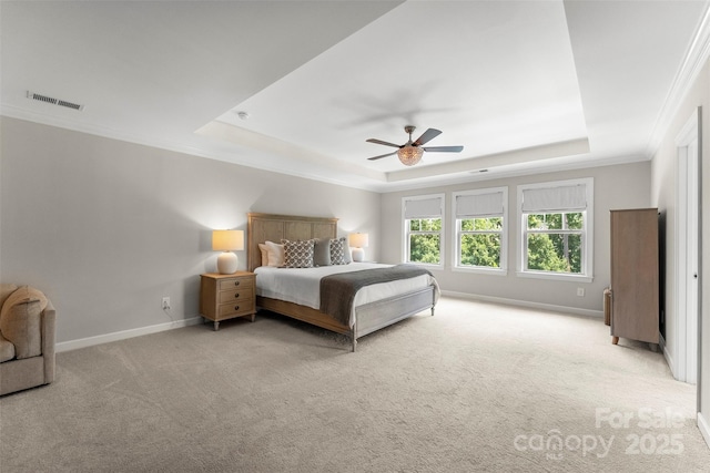 17514 Julees Walk Ln, Davidson, NC 28036 - carpeted bedroom featuring a tray ceiling, crown molding, and ceiling fan