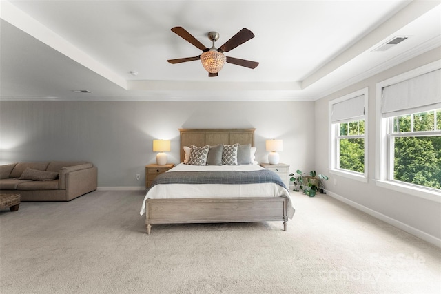 17514 Julees Walk Ln, Davidson, NC 28036 - carpeted bedroom featuring a raised ceiling, a ceiling fan, and crown molding