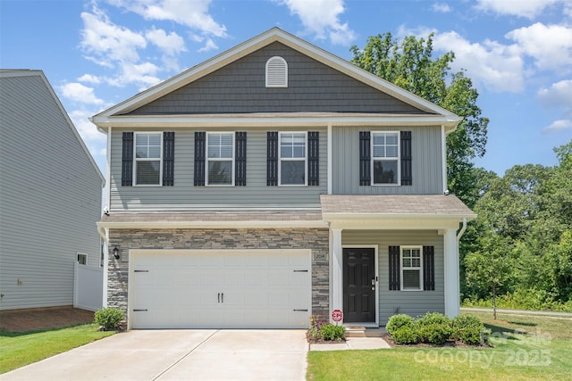 2014 Karen Woods Ln, Charlotte, NC 28216 - view of front facade featuring an attached garage, concrete driveway, stone siding, covered porch, and board and batten siding
