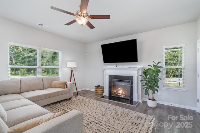 2014 Karen Woods Ln, Charlotte, NC 28216 - living room featuring wood finished floors, a glass covered fireplace, and ceiling fan
