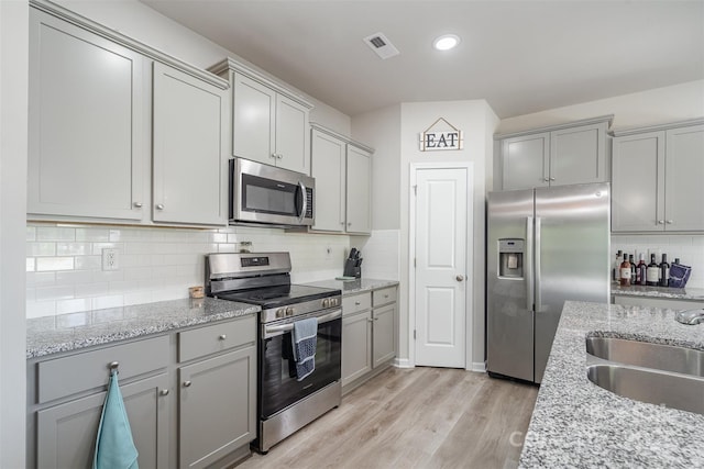 2014 Karen Woods Ln, Charlotte, NC 28216 - kitchen featuring appliances with stainless steel finishes, gray cabinetry, light wood-style floors, and recessed lighting