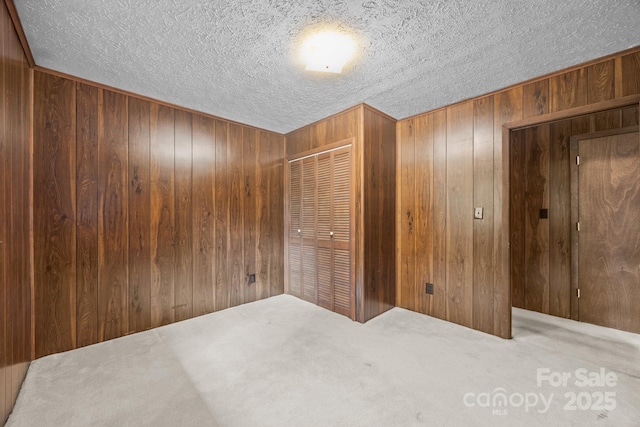 18 Progress Ln, Candler, NC 28715 - unfurnished bedroom with a textured ceiling, wooden walls, a closet, and carpet flooring