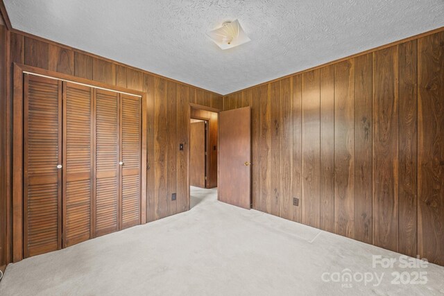 18 Progress Ln, Candler, NC 28715 - unfurnished bedroom with wooden walls, a textured ceiling, a closet, and carpet floors