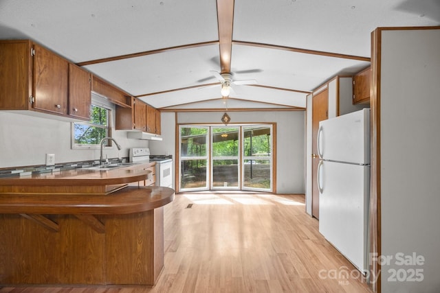 18 Progress Ln, Candler, NC 28715 - kitchen featuring white appliances, brown cabinetry, light wood finished floors, and a ceiling fan