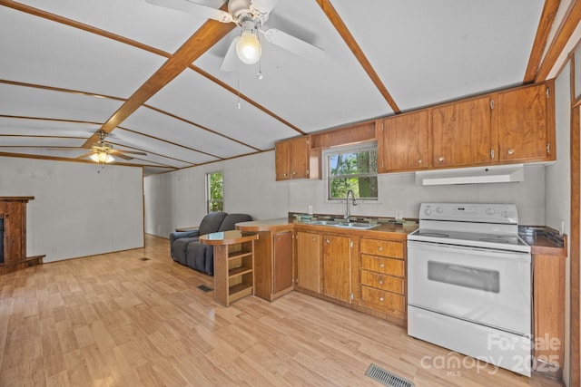 18 Progress Ln, Candler, NC 28715 - kitchen with electric stove, under cabinet range hood, a ceiling fan, open floor plan, and brown cabinets