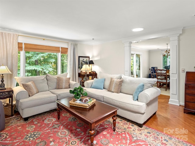 64 Wells Ln, Tryon, NC 28782 - living room with decorative columns, healthy amount of natural light, ornamental molding, light wood-type flooring, and recessed lighting