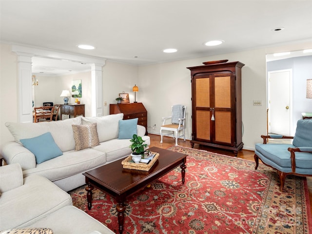 64 Wells Ln, Tryon, NC 28782 - living area with decorative columns, wood finished floors, and recessed lighting