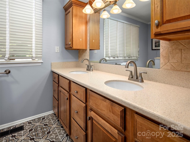 64 Wells Ln, Tryon, NC 28782 - bathroom with ornamental molding, double vanity, and decorative backsplash