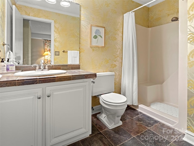 64 Wells Ln, Tryon, NC 28782 - full bathroom featuring vanity, wallpapered walls, a stall shower, and ornamental molding