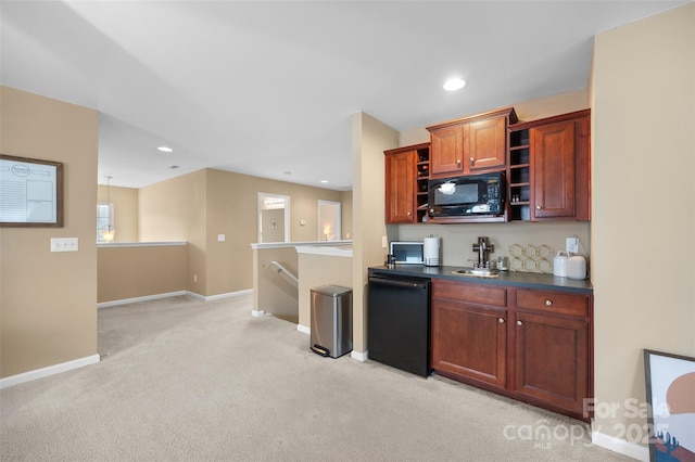 673 Stonehenge Dr, Rock Hill, SC 29730 - kitchen with black appliances, open shelves, light carpet, dark countertops, and recessed lighting