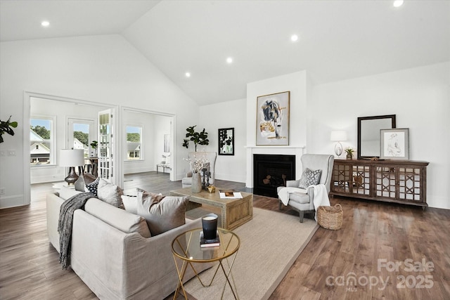 1106 Pomar Cir, Waxhaw, NC 28173 - living area featuring a fireplace, high vaulted ceiling, recessed lighting, and wood finished floors