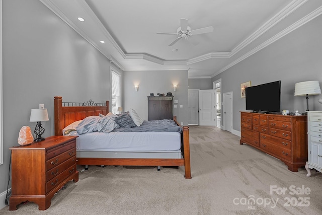 123 Yellow Jacket Cir, Mooresville, NC 28117 - bedroom featuring light colored carpet, a raised ceiling, ornamental molding, a ceiling fan, and recessed lighting