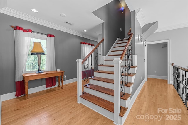 123 Yellow Jacket Cir, Mooresville, NC 28117 - stairs featuring crown molding, hardwood / wood-style floors, and recessed lighting
