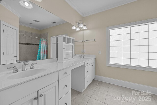 123 Yellow Jacket Cir, Mooresville, NC 28117 - bathroom with double vanity, crown molding, tile patterned flooring, and tiled shower