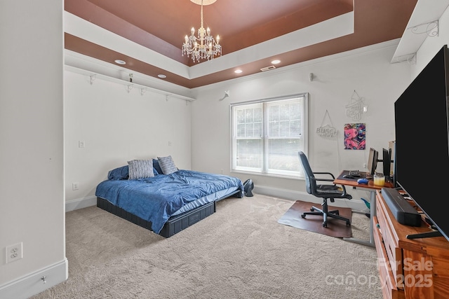 123 Yellow Jacket Cir, Mooresville, NC 28117 - carpeted bedroom with a chandelier, recessed lighting, an office area, and a tray ceiling