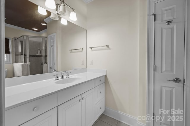 123 Yellow Jacket Cir, Mooresville, NC 28117 - full bath featuring crown molding, vanity, a shower stall, and tile patterned floors