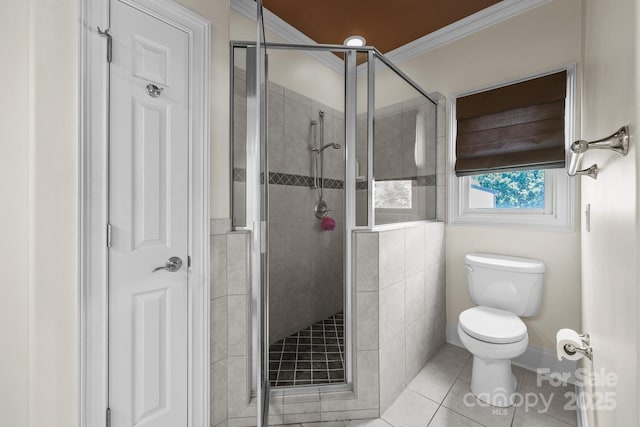 123 Yellow Jacket Cir, Mooresville, NC 28117 - bathroom featuring a stall shower, tile patterned floors, and ornamental molding