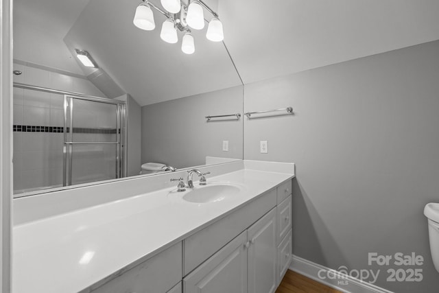 123 Yellow Jacket Cir, Mooresville, NC 28117 - bathroom featuring a shower with shower door, vanity, lofted ceiling, a chandelier, and wood finished floors