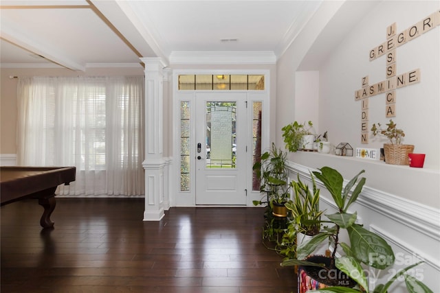 1041 Verbena Ct, Tega Cay, SC 29708 - foyer entrance featuring decorative columns, crown molding, and hardwood / wood-style floors