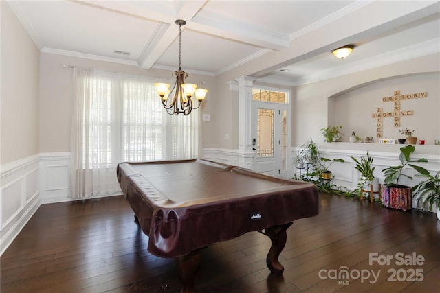 1041 Verbena Ct, Tega Cay, SC 29708 - recreation room with a decorative wall, beam ceiling, billiards, dark wood finished floors, and coffered ceiling