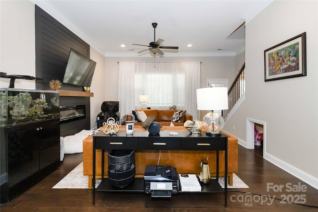 1041 Verbena Ct, Tega Cay, SC 29708 - living room with a ceiling fan, wood finished floors, crown molding, stairway, and recessed lighting