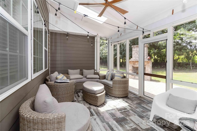 1041 Verbena Ct, Tega Cay, SC 29708 - sunroom featuring a ceiling fan, an outdoor hangout area, and vaulted ceiling
