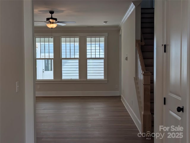 105 Macland Ln Unit 540, Rock Hill, SC 29730 - empty room with a ceiling fan, ornamental molding, wood finished floors, and stairway